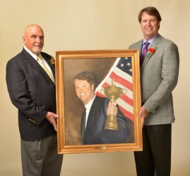 Artist Paul Dillon presents Paul&nbsp;Azinger with his portrait
